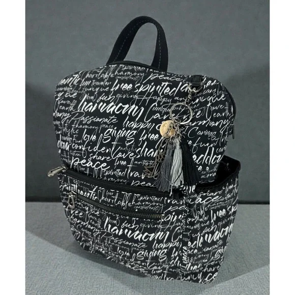 Sakroots Black Backpack White Script Print Convertible Travel Boho Bag Keychain - Picture 15 of 16
